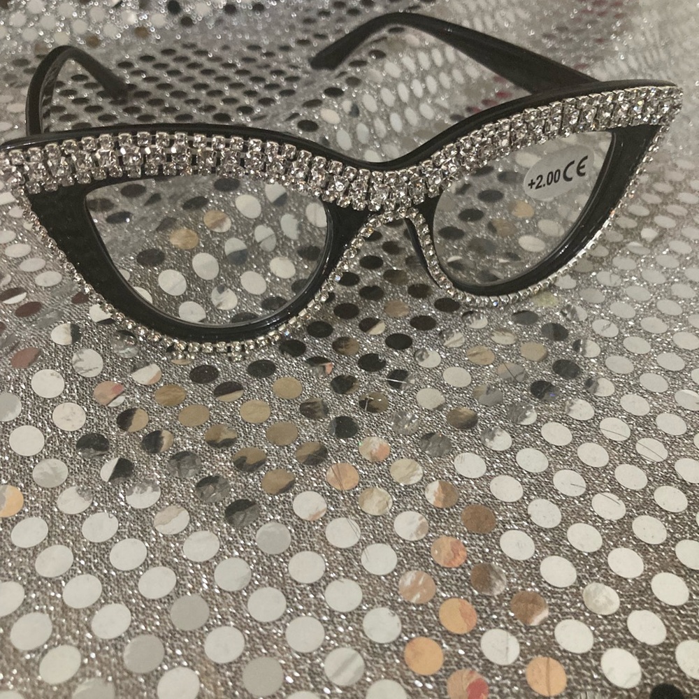 Crystal-Trim Black Cat-Eye Reading Glasses +2.00